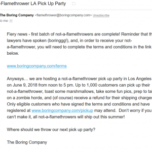 Boring Company Flamethrower pickup party