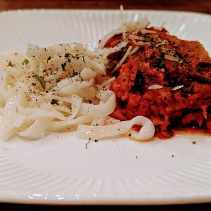Eggplant parmesan with pollock noodles