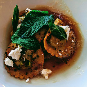 Spring garlic and English pea ravioli
