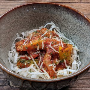 Roasted vegetables on pasta