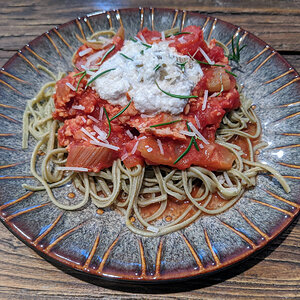 Edamame noodles, tomato sauce, vegetables, and ricotta cheese