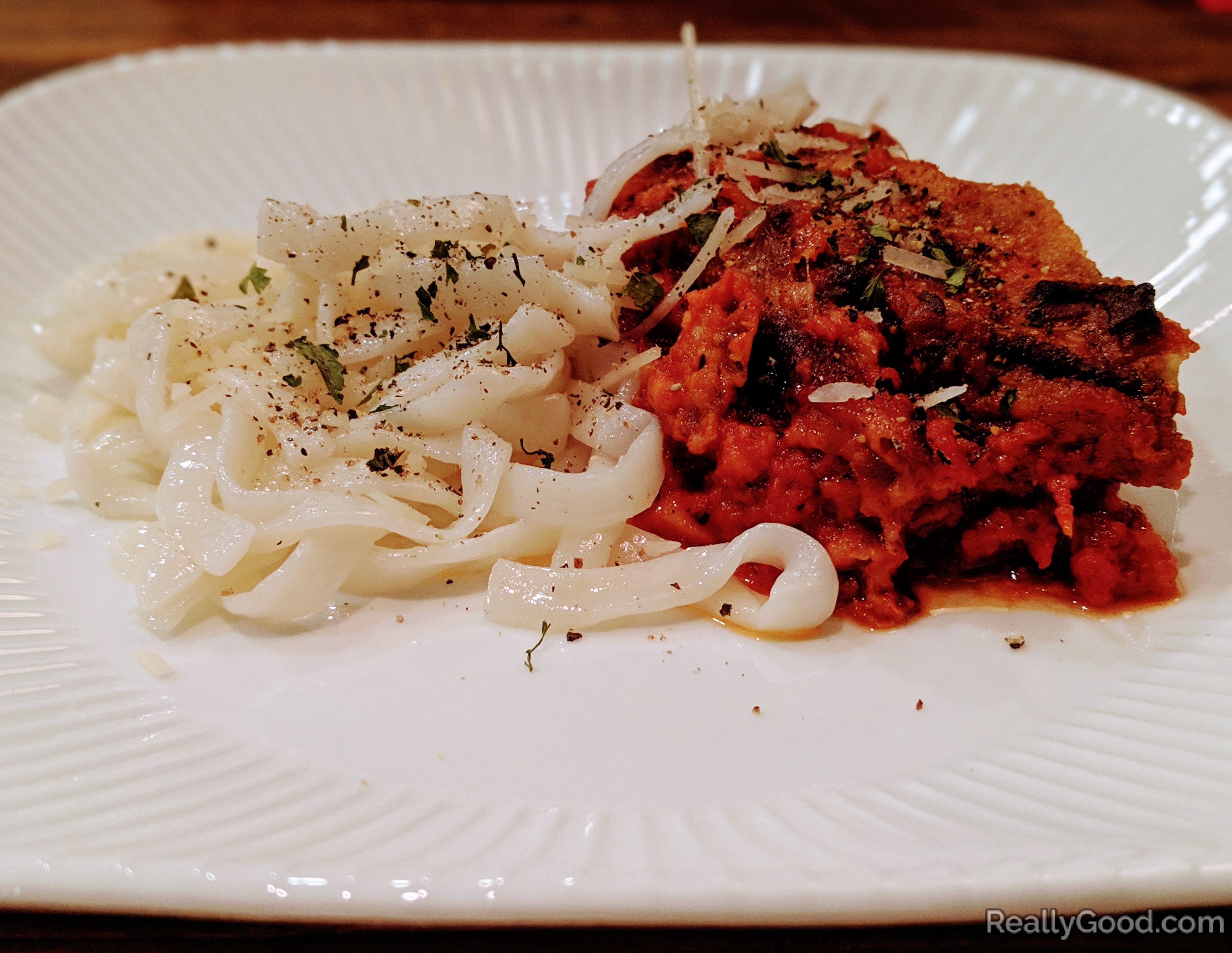 Eggplant parmesan with pollock noodles